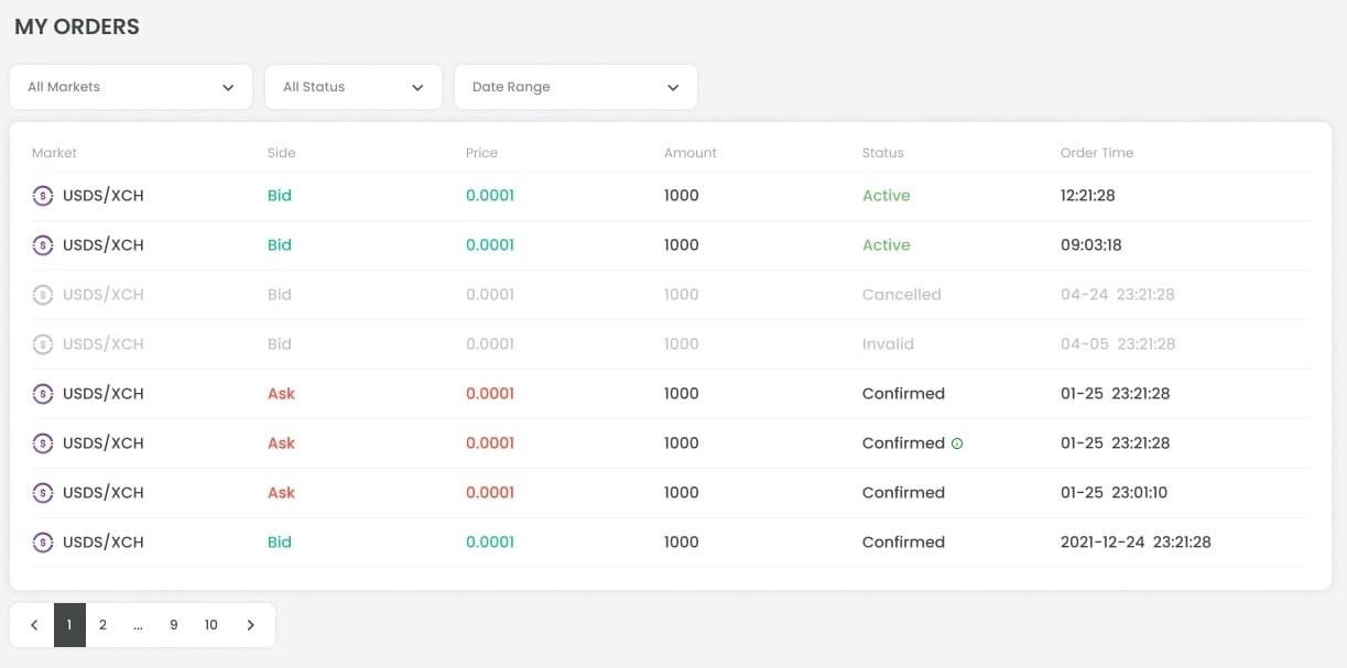 Hashgreen DEX order history with market, status and date-range filters and pagination