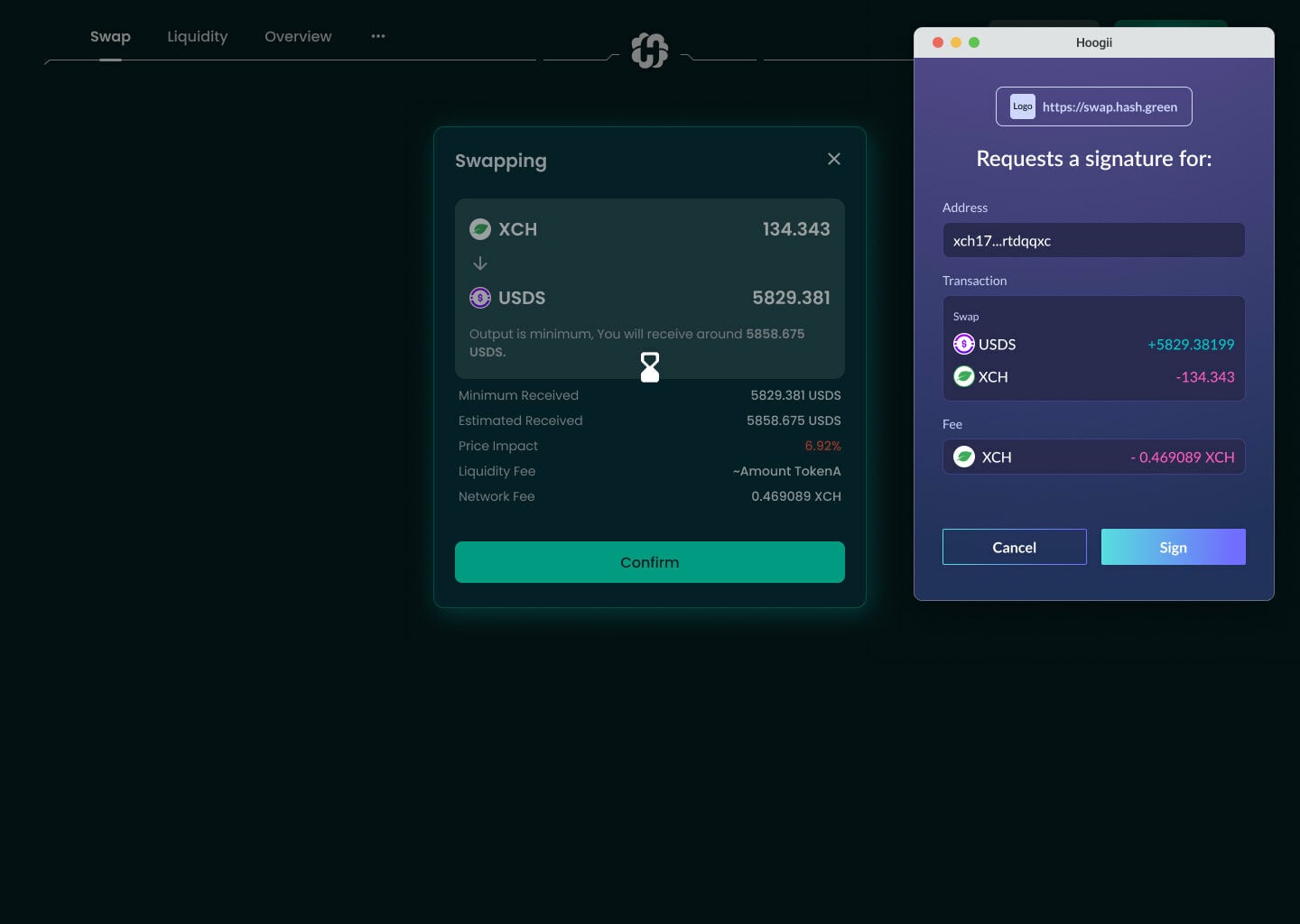 HashgreenSwap swap-confirm flow with the swap summary and the Hoogii wallet signature request