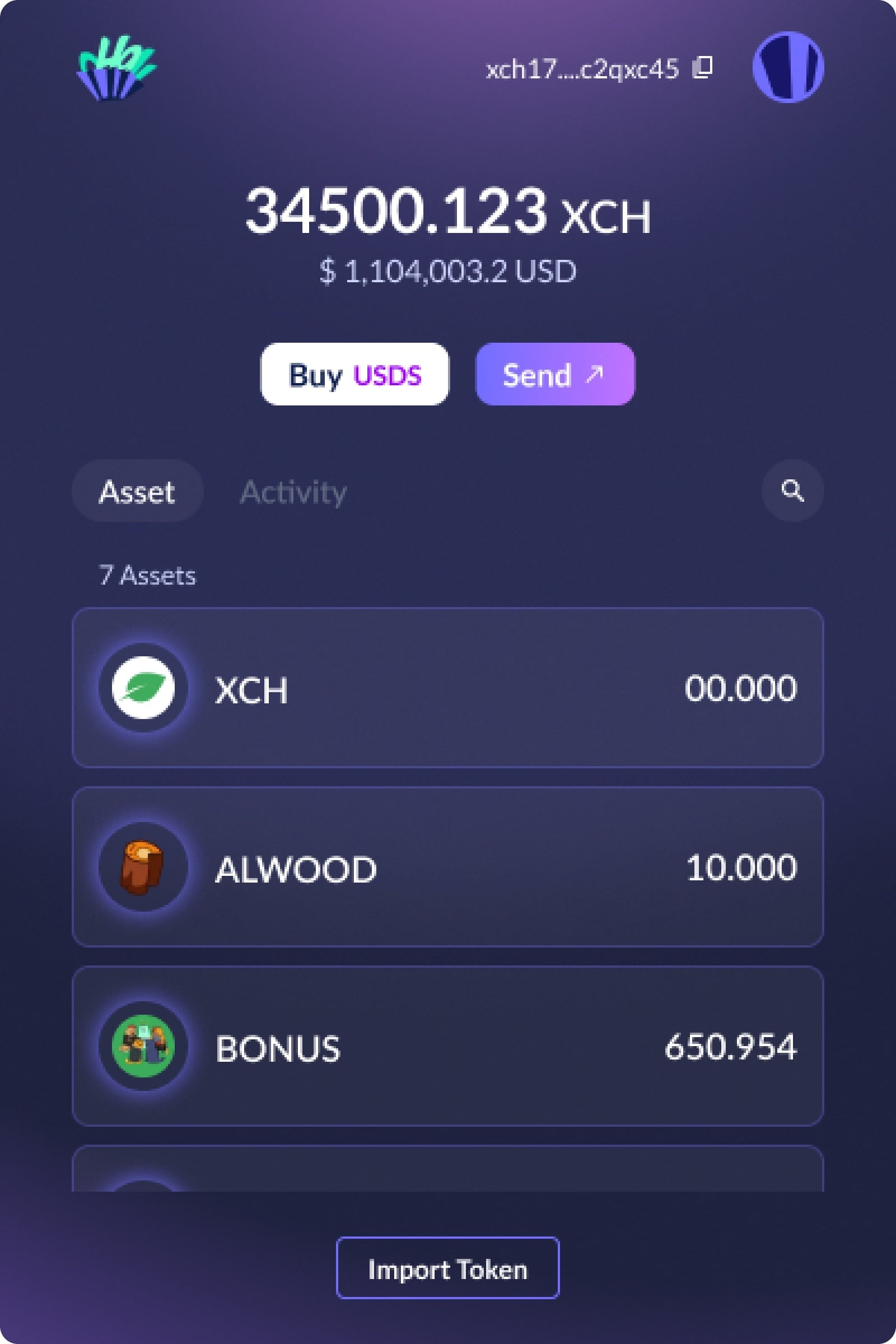 Hoogii Wallet dashboard showing the XCH balance and asset list