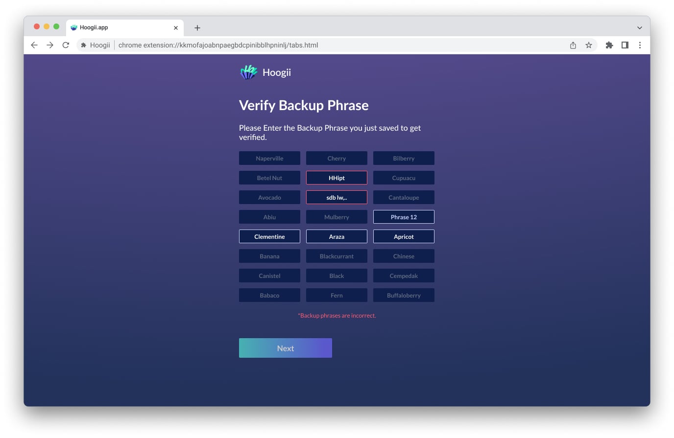 Verify Backup Phrase screen with the 12-word recovery-phrase grid
